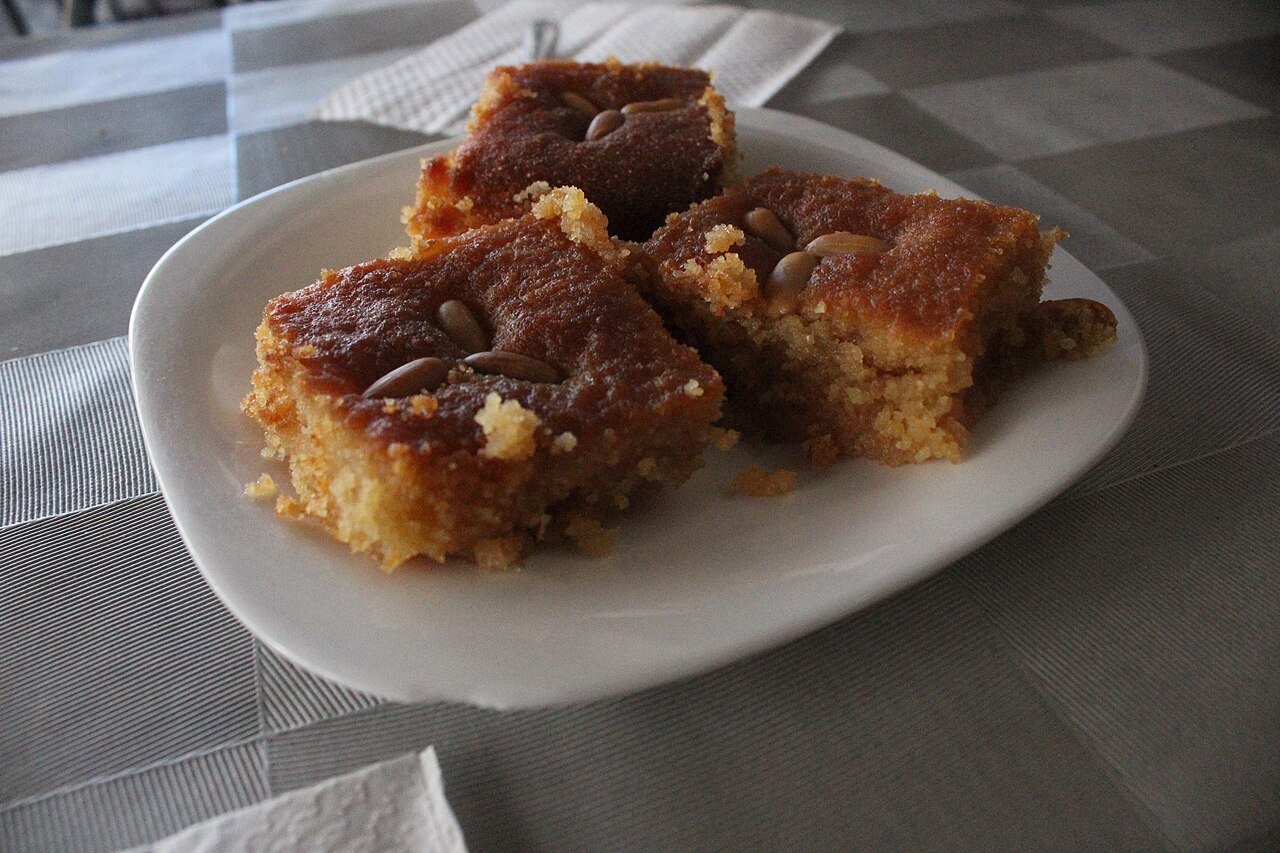 Basbousa — semolina cake with coconut and rose syrup, Arabic halal dessert