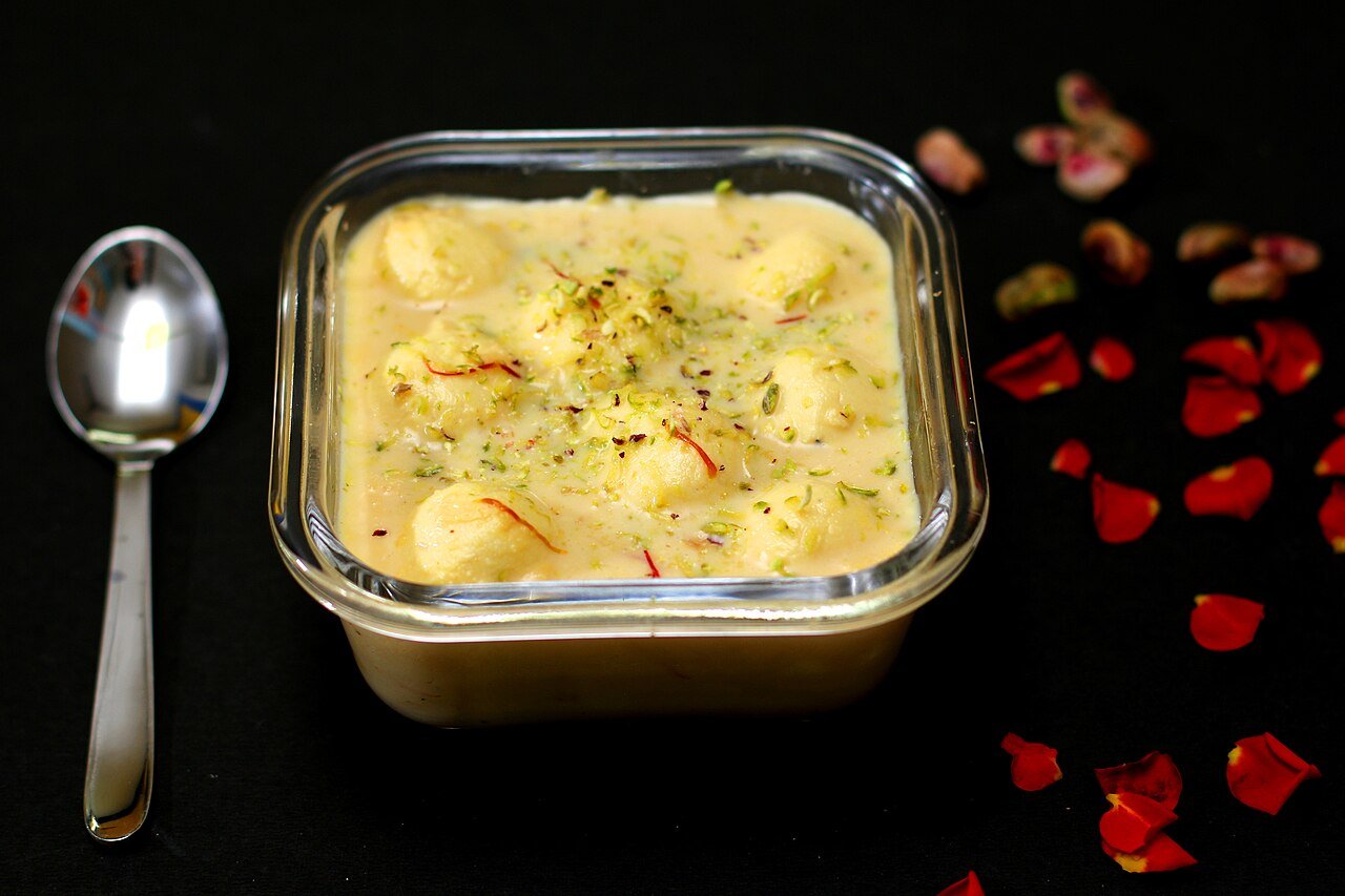 Rasmalai — soft cheese discs in chilled saffron cardamom milk