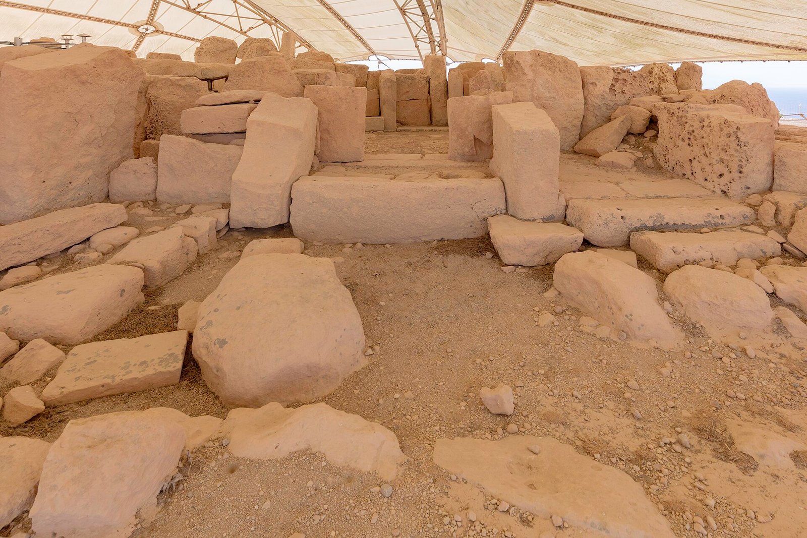 Hagar Qim megalithic temple under its protective canopy, Malta